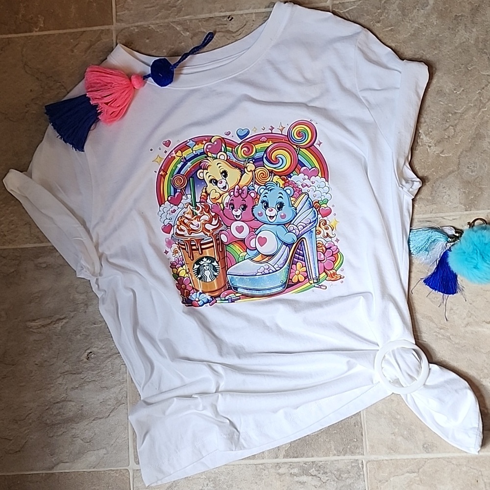 Girls' White Care Bears Rainbow Graphic Tee LARGE